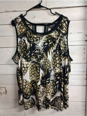 Worthington Tank Top 3X Pineapple Print Black Yellow White Sleeveless Lightweigh